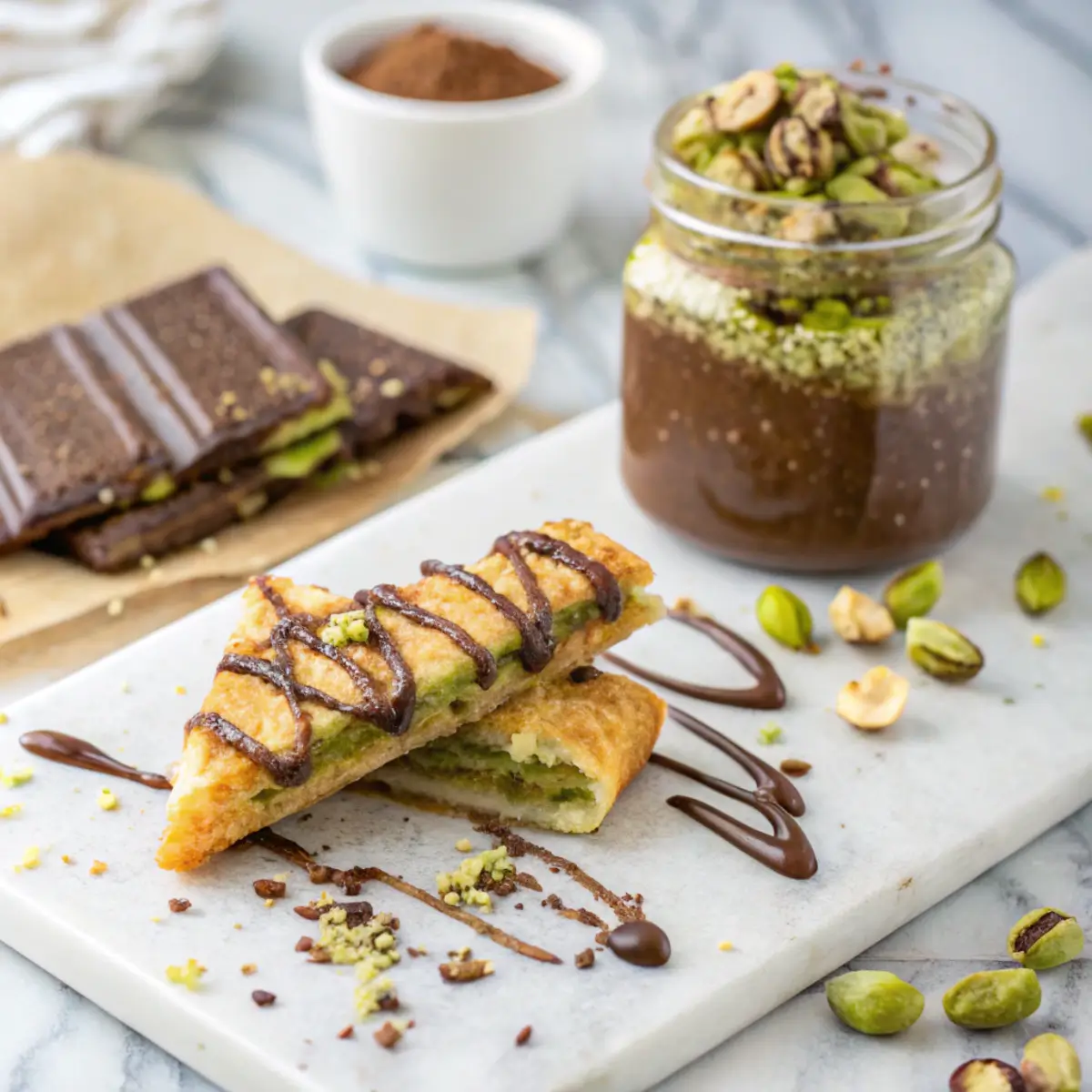 core-dubai-chocolate-bar-ingredients-texture Close-up of core Dubai chocolate bar ingredients—crispy kataifi pastry, pistachio butter, and melted milk chocolate—highlighting textures for a homemade chocolate bars recipe