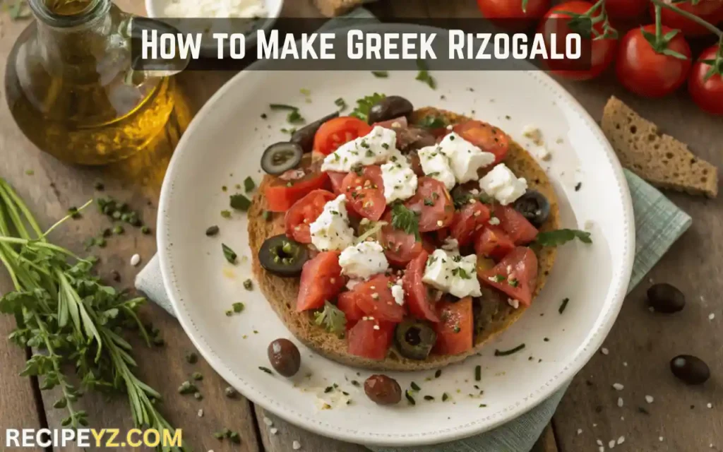 Plate of traditional Cretan Dakos salad with barley rusks, grated tomatoes, mizithra cheese, olives, and olive oil