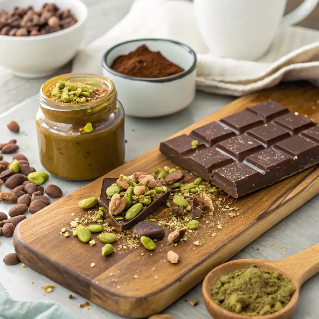 dubai-chocolate-bar-ingredients Ingredients for Dubai Chocolate Bar, including pistachio butter, milk chocolate, crushed pistachios, and knafeh on a wooden board