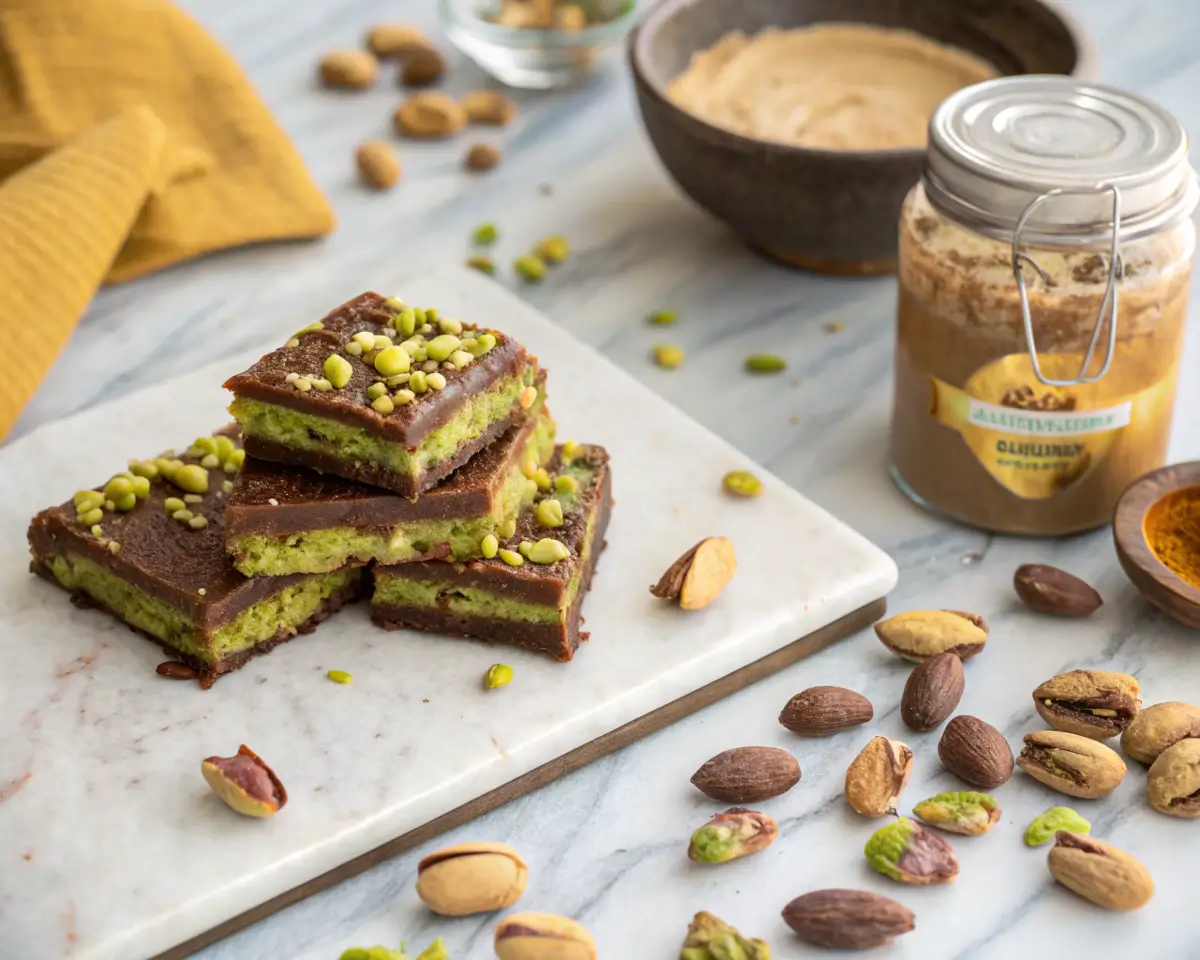 dubai-chocolate-bar-ingredients-vibrant-display High-quality Dubai chocolate bar ingredients—kataifi pastry, pistachio butter, and milk chocolate—displayed with a magnifying glass for a premium Middle Eastern chocolate treat recipe