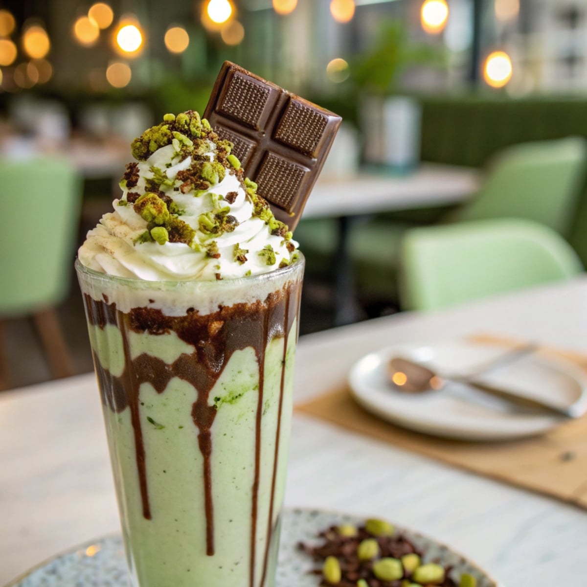 Pistachio shake inspired by Dubai chocolate bar near me in a café setting