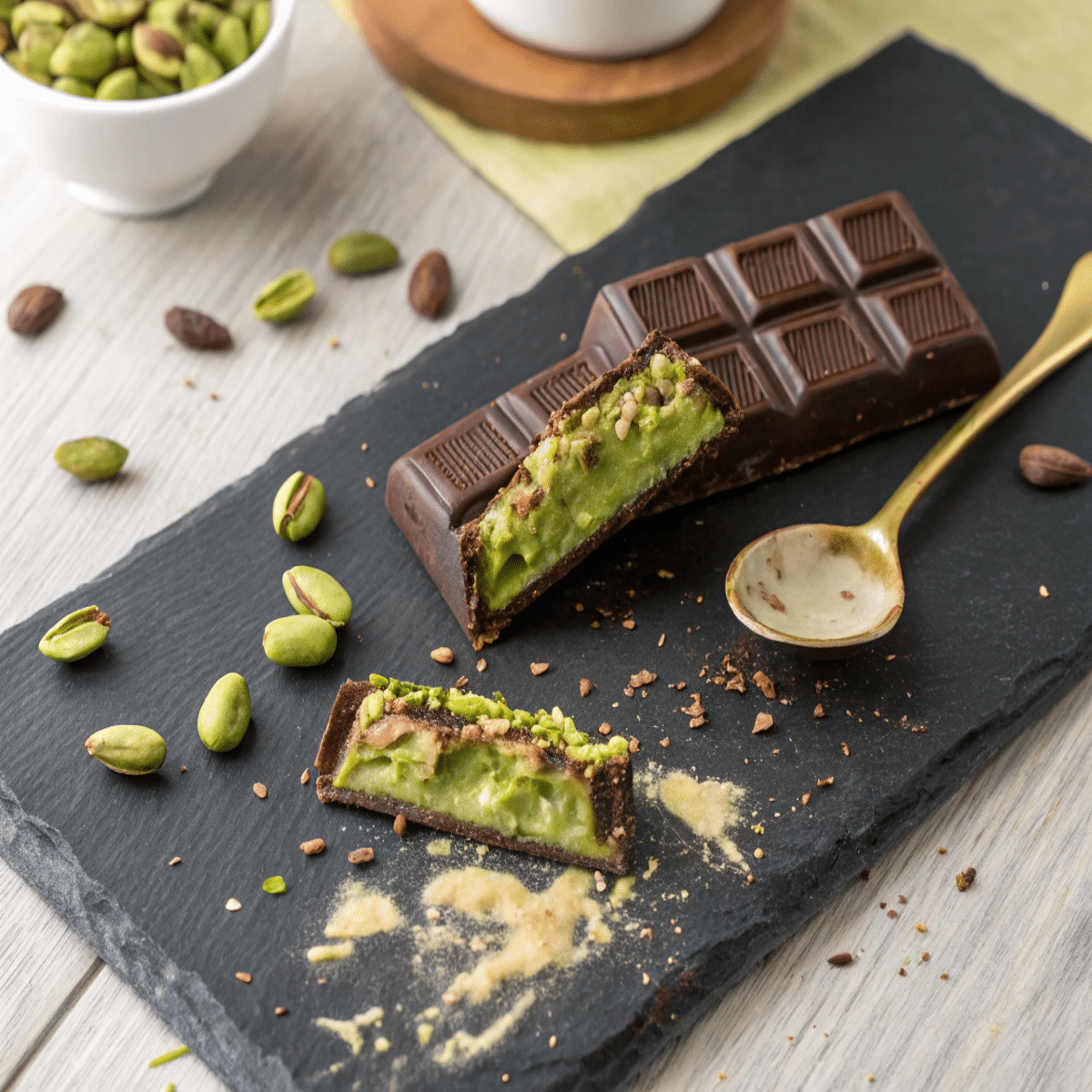 Close-up of a broken Dubai chocolate bar near me with pistachio cream and kataifi