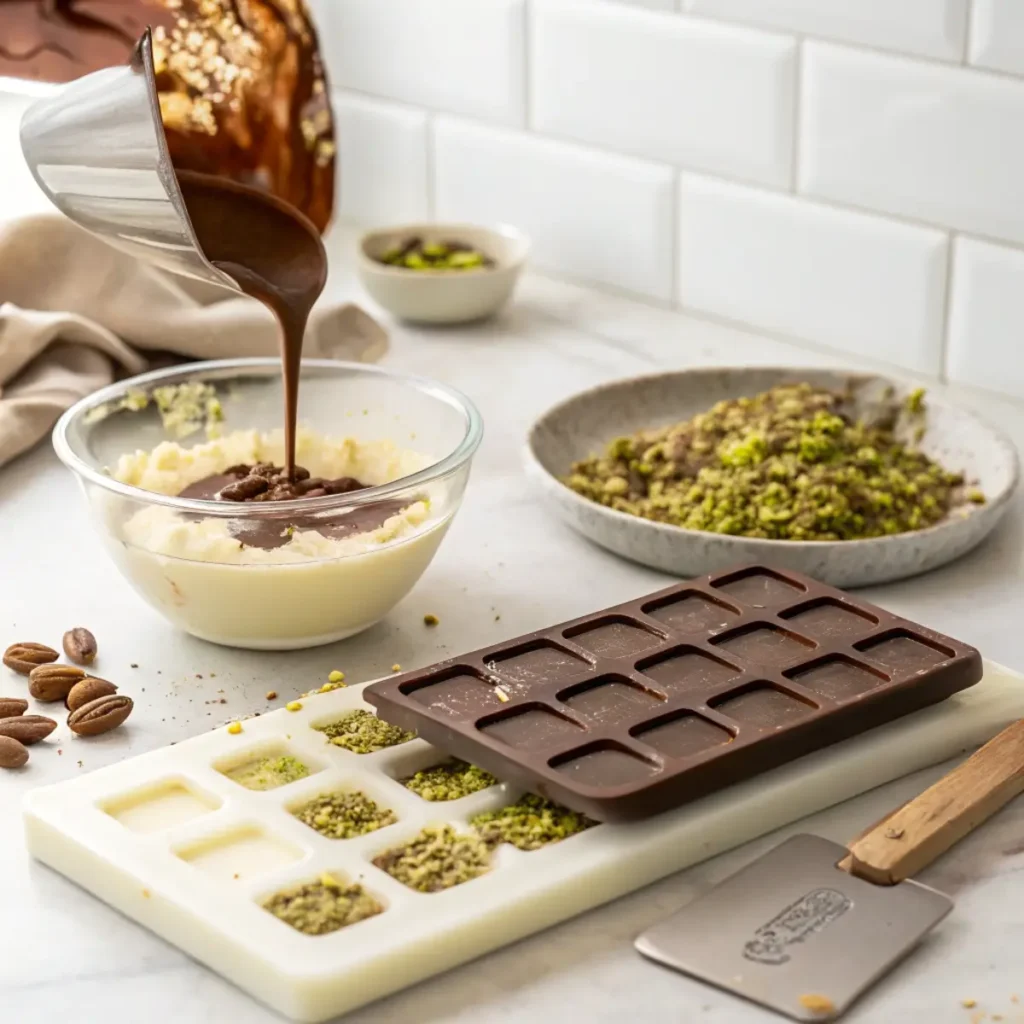 dubai-chocolate-bar-preparations Preparation of Dubai Chocolate Bar with melted chocolate poured into a mold, pistachio cream, and knafeh strands nearby