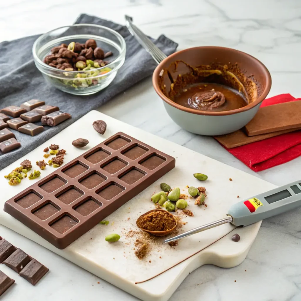 dubai-chocolate-bar-recipe-setup Organized Dubai Chocolate Bar recipe setup with silicone mold, melted chocolate, pistachio butter, and a finished bar