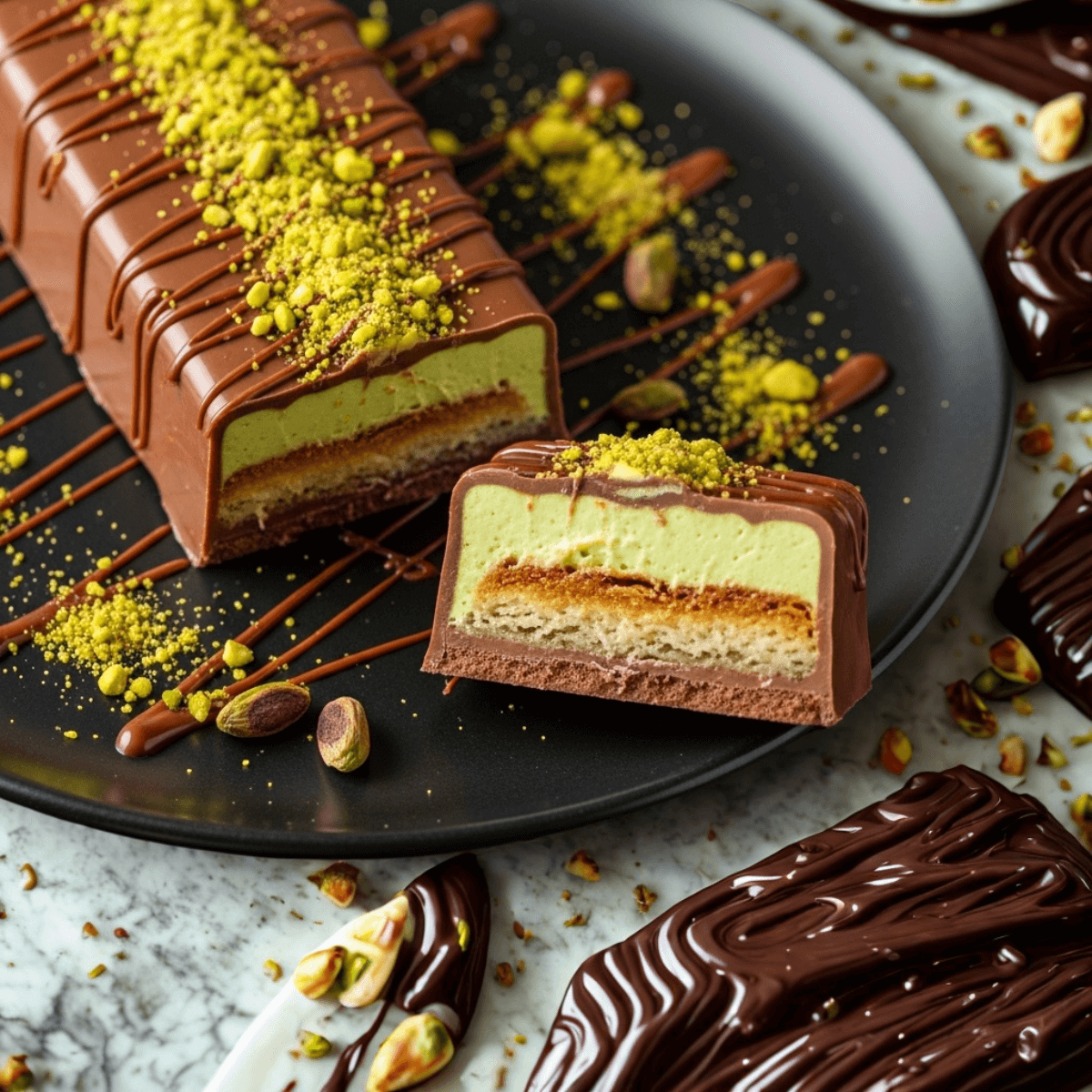 Sliced Dubai Chocolate Bar revealing gooey pistachio and knafeh filling on a black ceramic plate with crushed pistachios