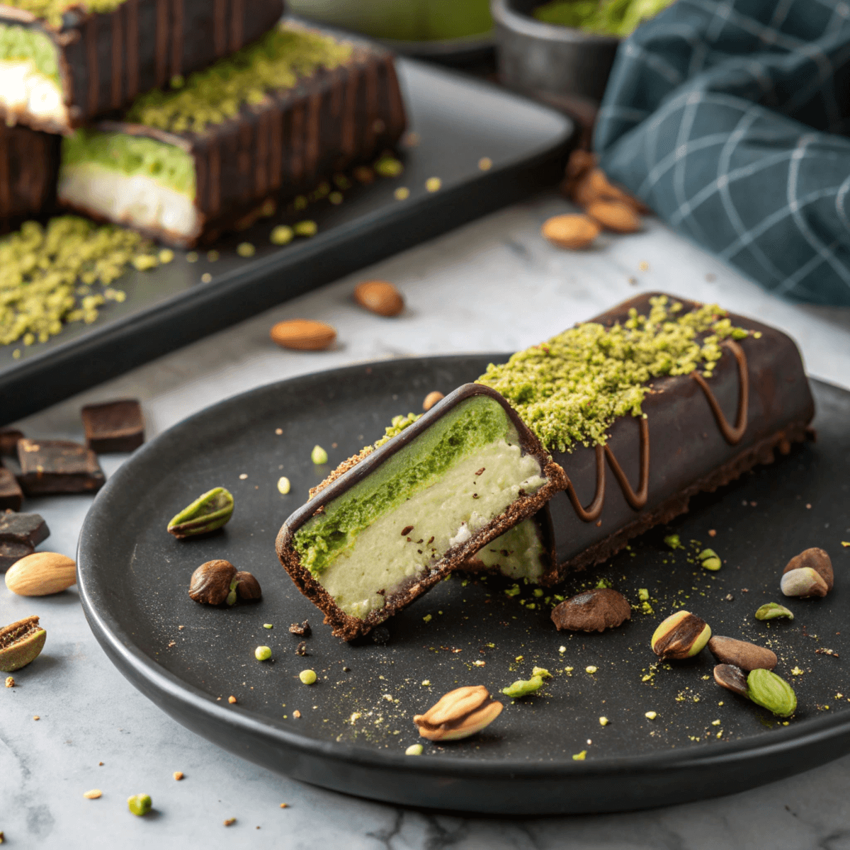 Dubai Chocolate Bar sliced open, displaying creamy pistachio and crispy knafeh filling on a black ceramic plate sprinkled with crushed pistachios