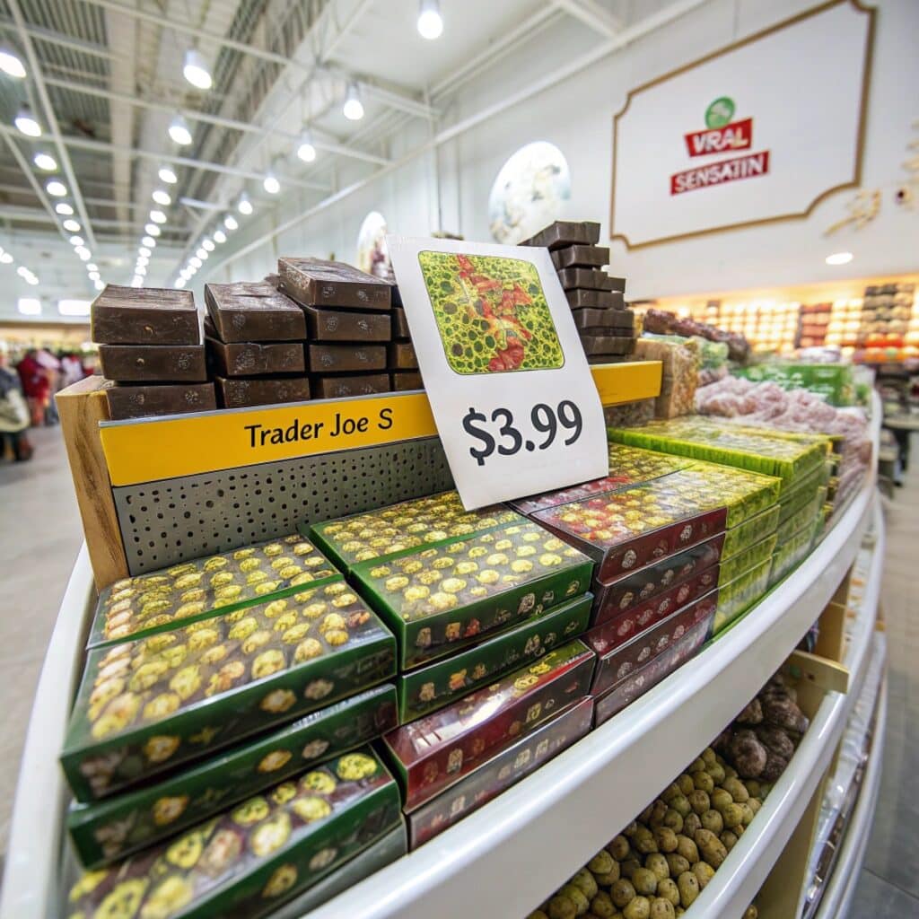 Dubai pistachio chocolate bar near me on a store shelf with price tags