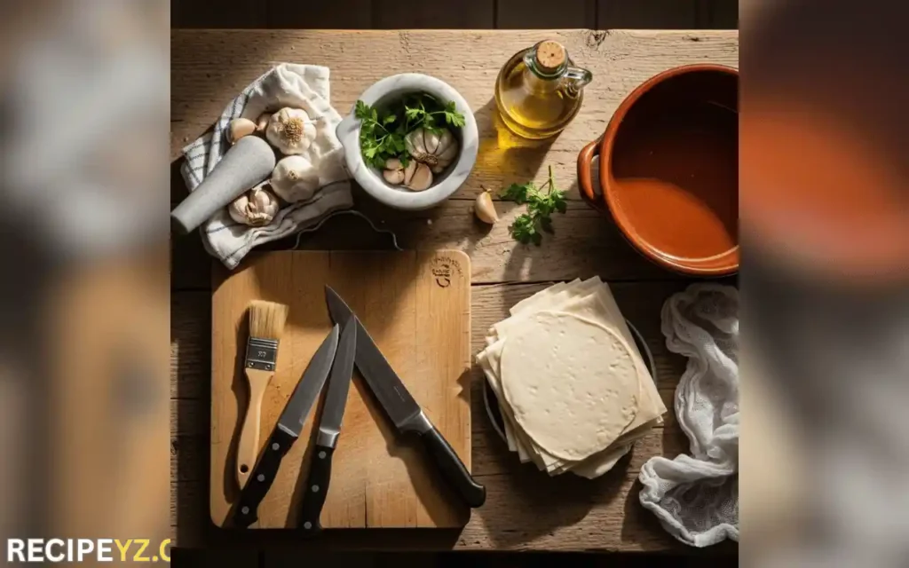 Mortar and pestle, cutting board, knives, phyllo brush, and olive oil for Greek cooking