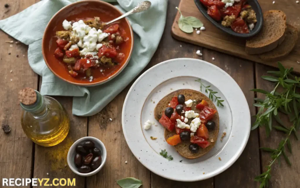 Cretan Dakos salad and Macedonian stuffed peppers in rustic setting