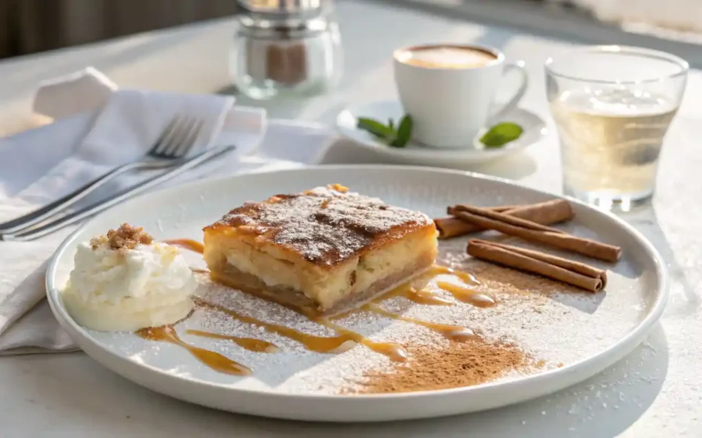 Traditional Greek galaktoboureko slice with syrup and bougatsa dusted with cinnamon served side-by-side on a ceramic dessert plate