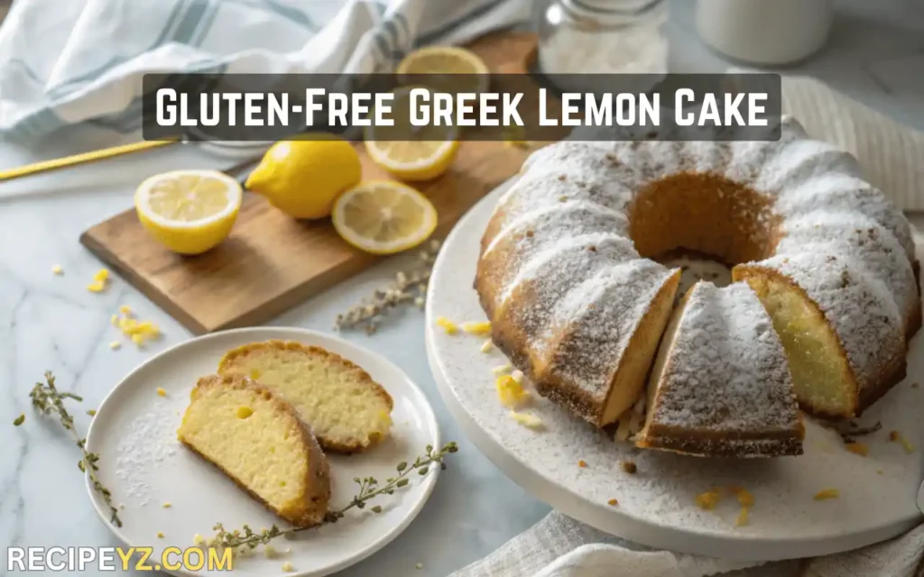 Moist gluten-free Greek lemon cake topped with powdered sugar and fresh lemon zest