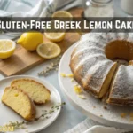 Moist gluten-free Greek lemon cake topped with powdered sugar and fresh lemon zest
