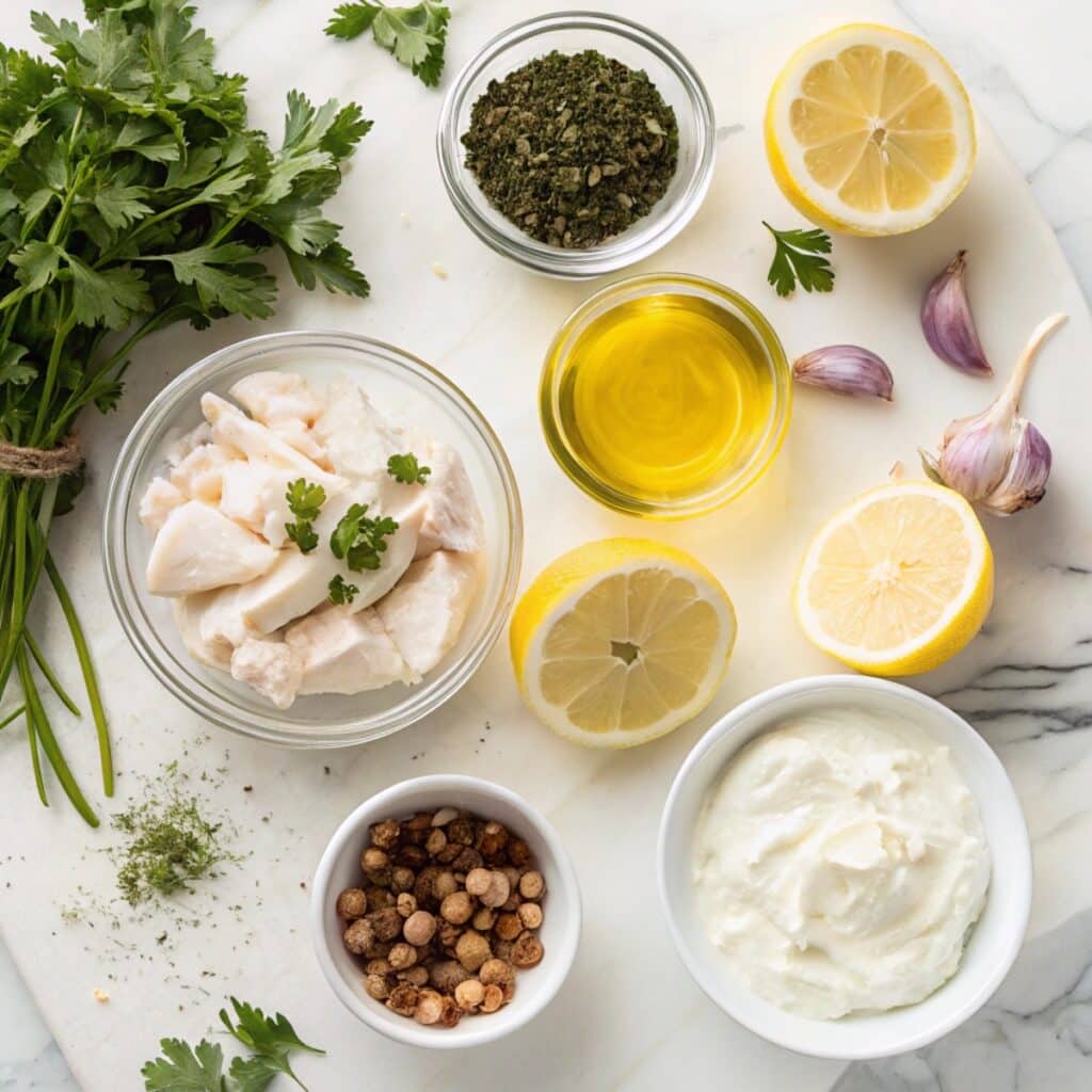 Ingredients for Greek chicken marinade with yogurt, including Greek yogurt, lemon, garlic, and oregano