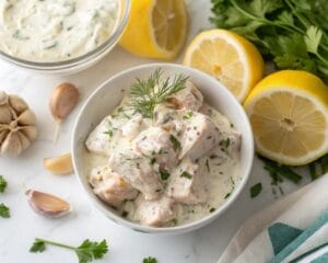 Greek chicken marinade with yogurt, showcasing creamy yogurt, garlic, and Mediterranean herbs