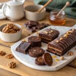 Assorted Greek Chocolate Desserts platter with moist cake slices and chocolate log garnished with walnuts and honey on a rustic wooden table