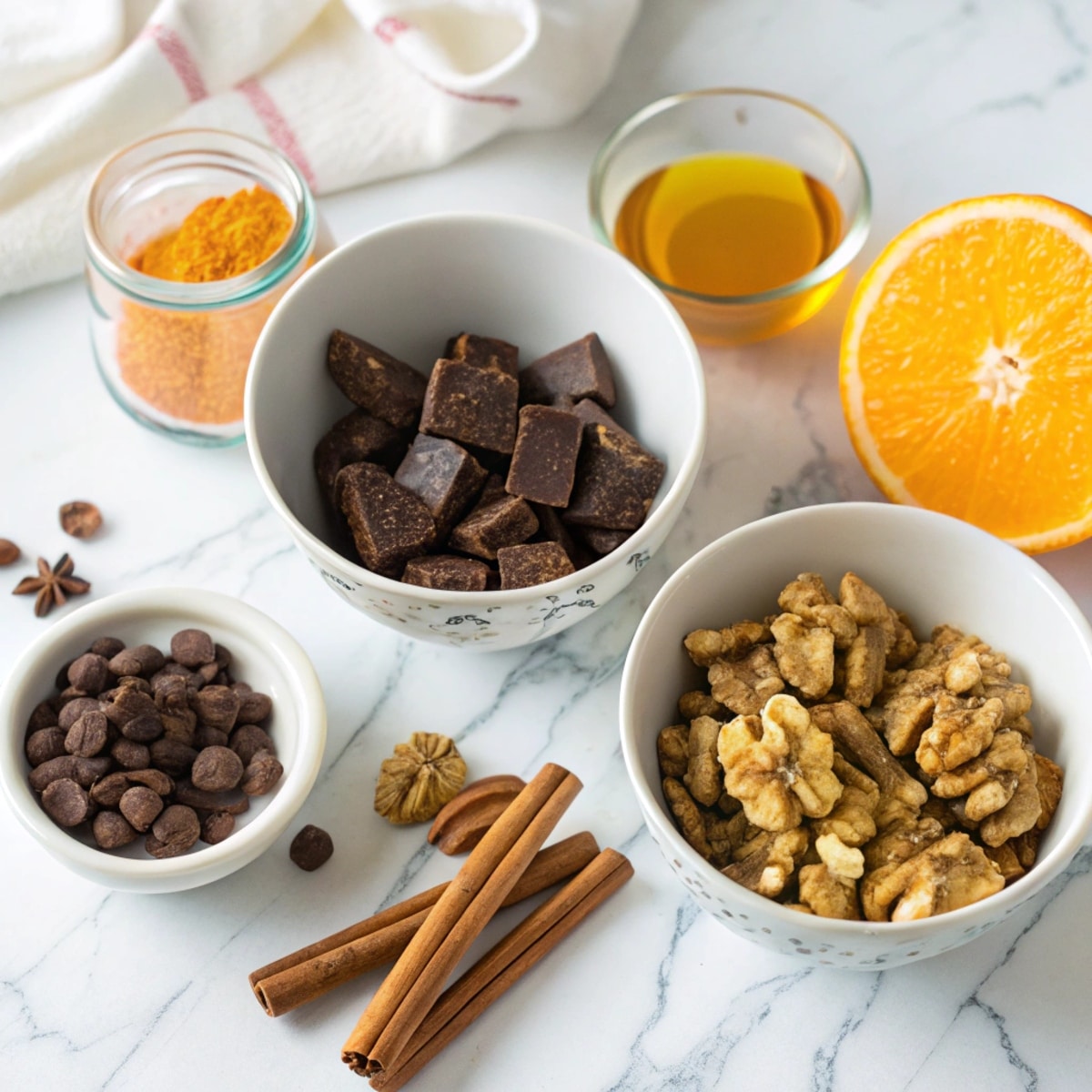 greek-chocolate-ingredients Dark chocolate chunks, honey jar, walnuts, cinnamon sticks, and orange zest on marble kitchen countertop