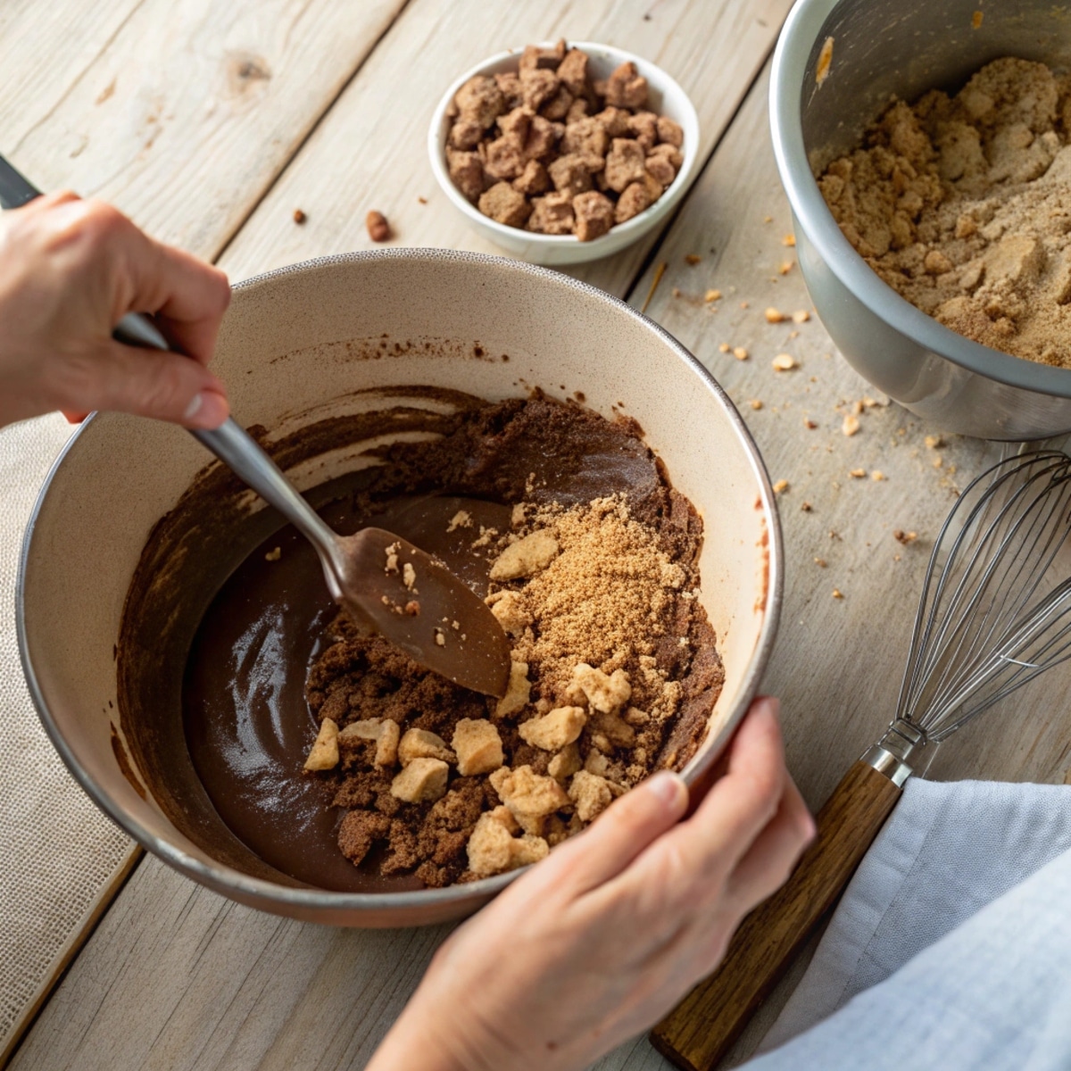 greek-chocolate-log-prep Hands mixing crushed biscuits into melted chocolate for Greek chocolate log on rustic table