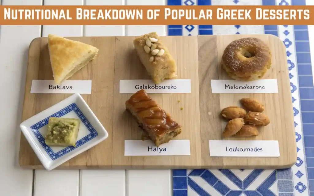 Overhead view of Greek desserts with labeled calorie and sugar content including baklava, galaktoboureko, halva, melomakarona, and loukoumades