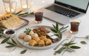Assorted Greek desserts like baklava and melomakarona paired with Greek coffee, ouzo, and wine on a tasting table with an online delivery box nearby