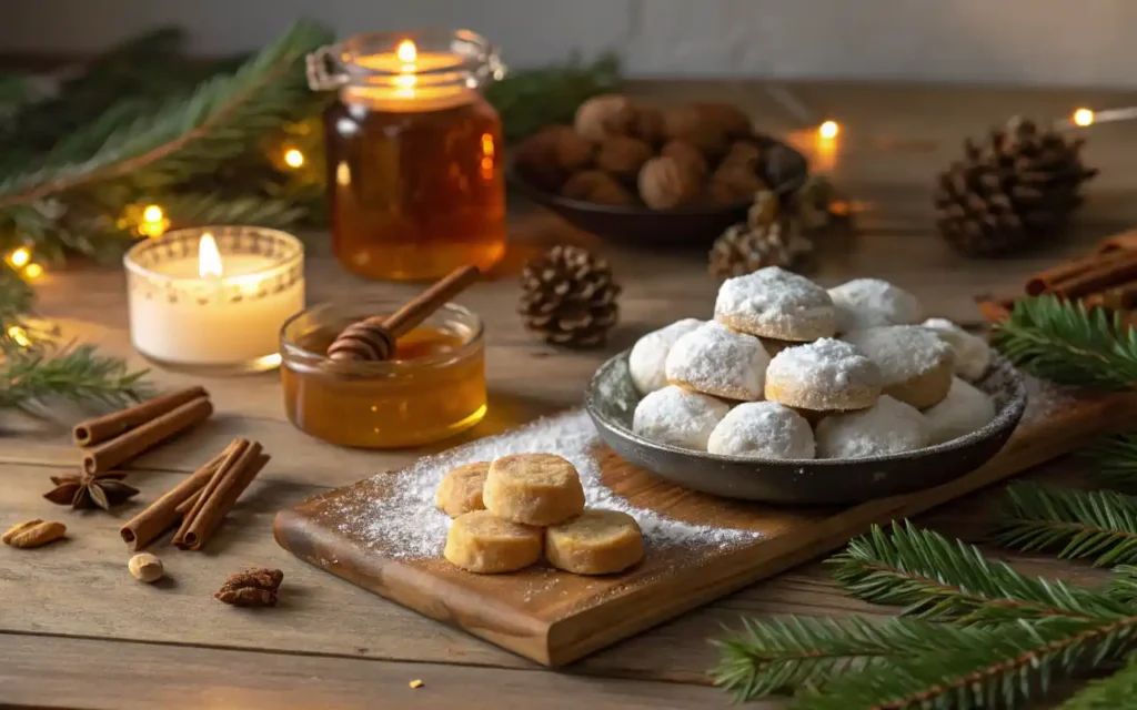 Greek Christmas and Easter desserts including melomakarona, kourabiedes, and galaktoboureko arranged on a holiday-themed wooden table