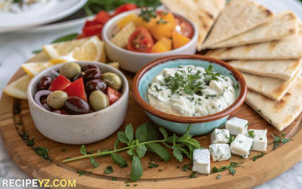 Greek meze platter with Tzatziki, pita bread, olives, and feta