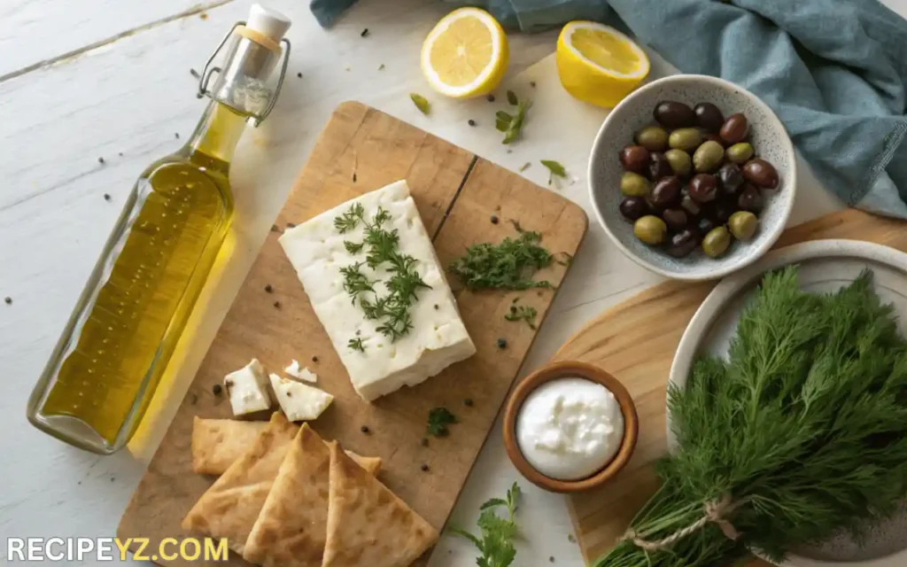 Greek pantry staples with olive oil, feta, herbs, yogurt, olives, and lemons