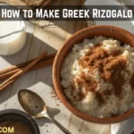 Bowl of creamy Greek Rizogalo rice pudding sprinkled with cinnamon