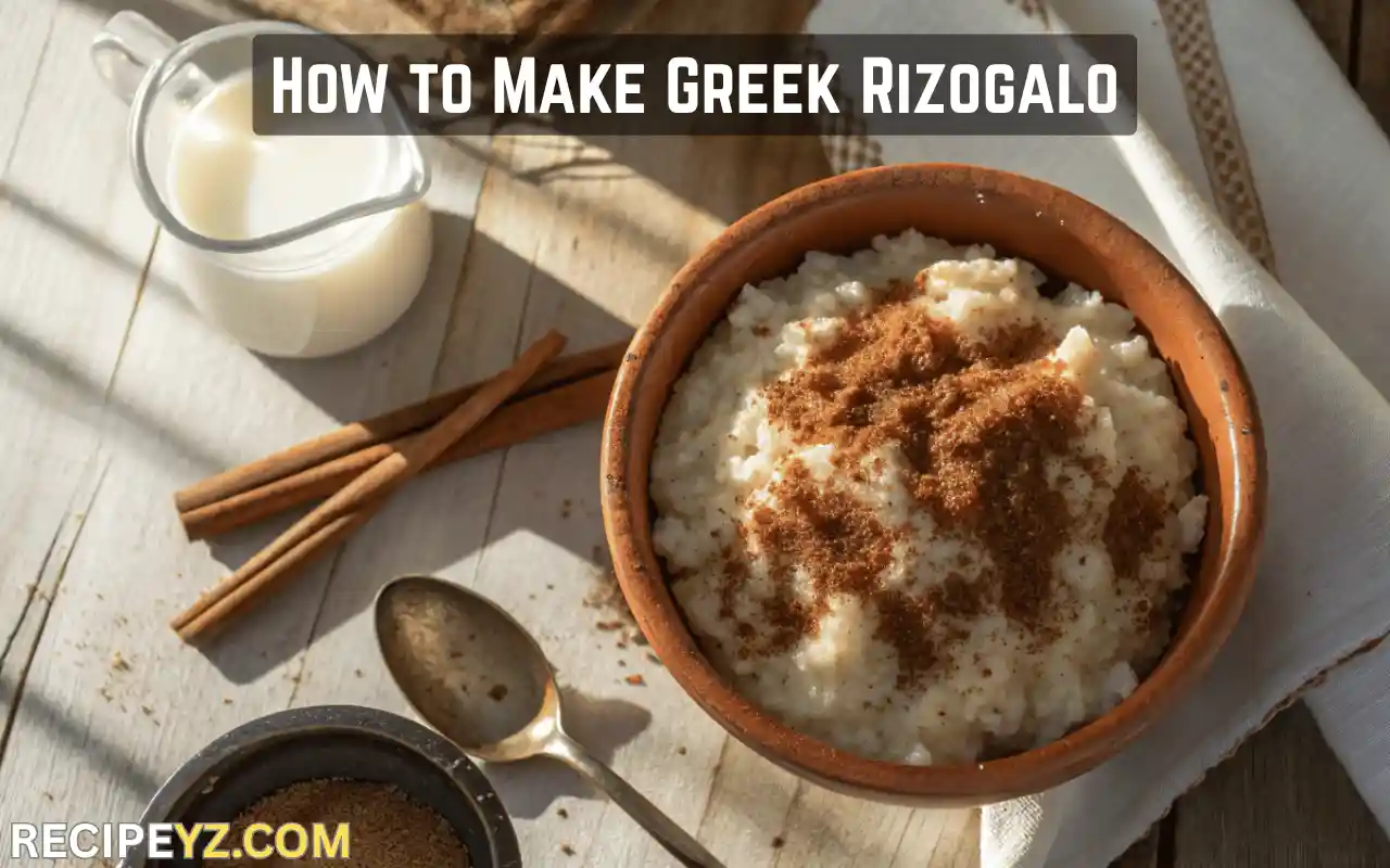 Bowl of creamy Greek Rizogalo rice pudding sprinkled with cinnamon