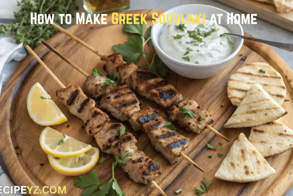 Alt Text: Platter of grilled Greek Souvlaki skewers with pita bread, tzatziki, and lemon wedges