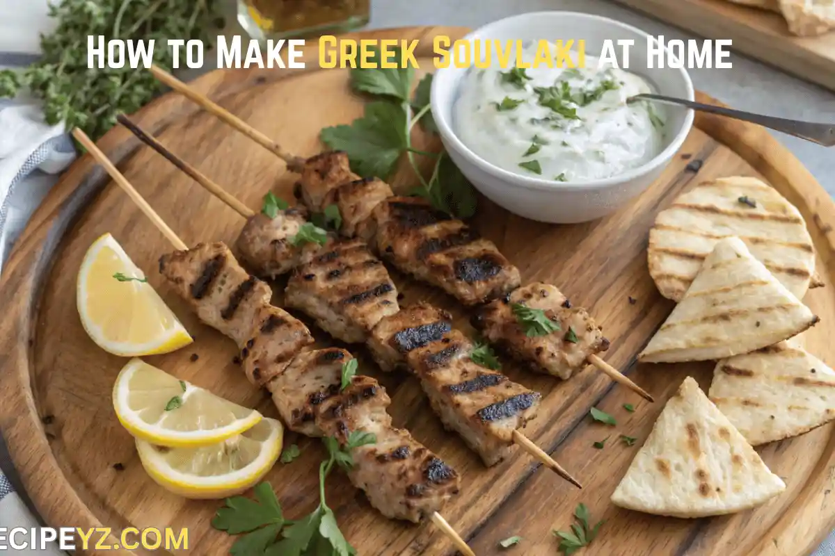 Alt Text: Platter of grilled Greek Souvlaki skewers with pita bread, tzatziki, and lemon wedges