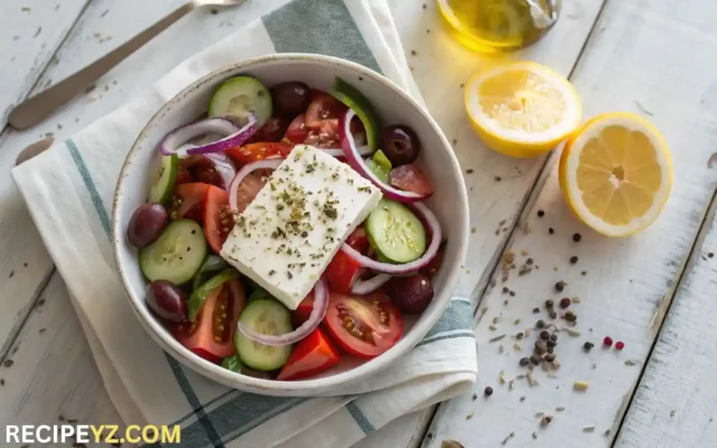 Bowl of Greek salad with tomatoes, cucumber, olives, and feta