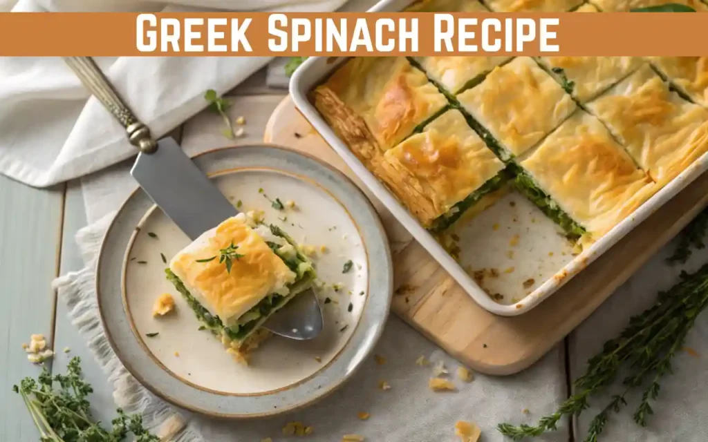Tray of homemade Greek Spanakopita spinach pie with crisp phyllo pastry and feta cheese
