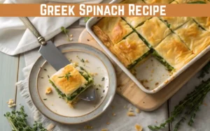 Tray of homemade Greek Spanakopita spinach pie with crisp phyllo pastry and feta cheese