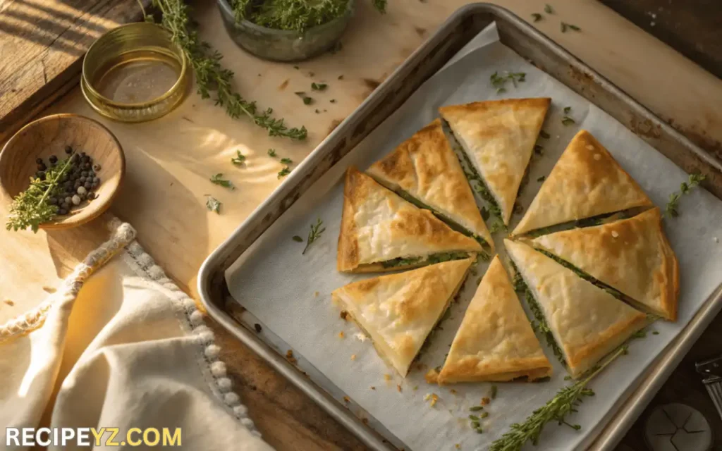 Slices of golden traditional Greek recipes Spanakopita with flaky phyllo layers