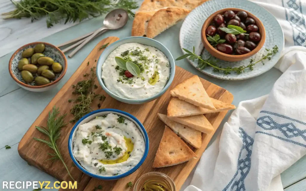 Rustic Greek meze platter with Tzatziki dip, Spanakopita, pita bread, olives, and herbs