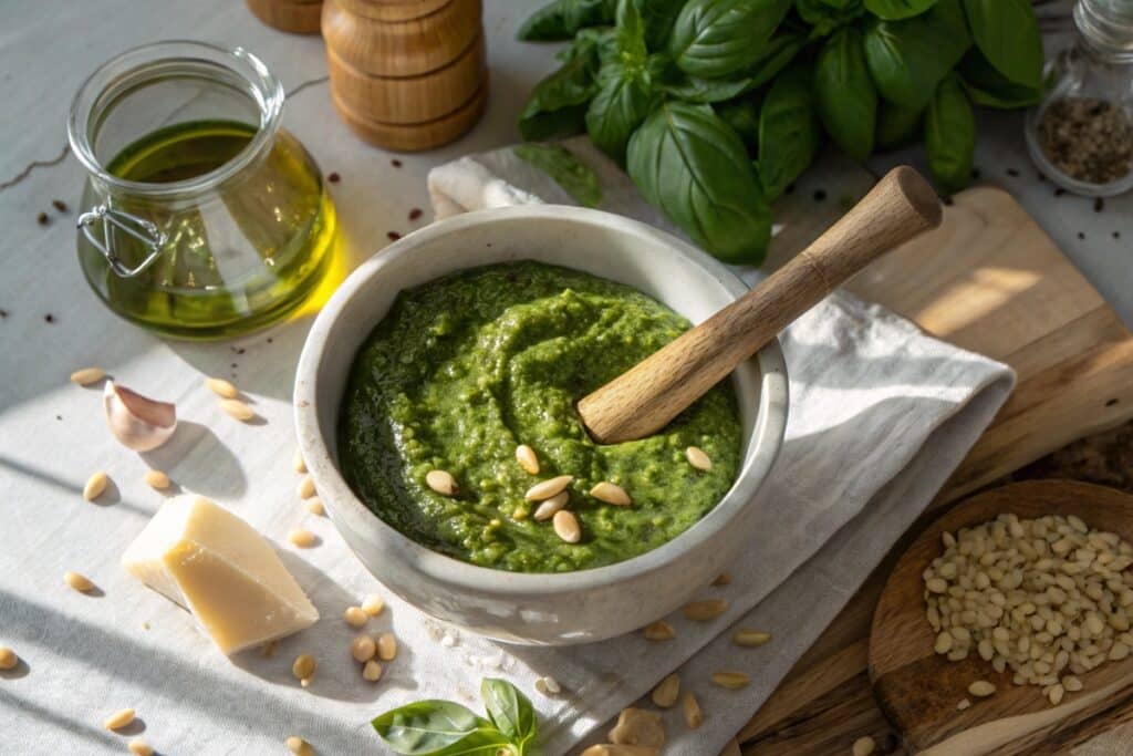 Vibrant green homemade pesto sauce without pine nuts in white bowl with fresh basil, sunflower seeds, and drizzled olive oil