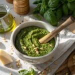 Vibrant green homemade pesto sauce without pine nuts in white bowl with fresh basil, sunflower seeds, and drizzled olive oil