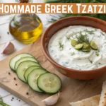 Bowl of homemade authentic Greek Tzatziki yogurt dip garnished with fresh dill and olive oil, served with pita bread