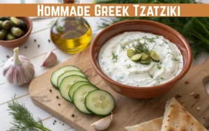 Bowl of homemade authentic Greek Tzatziki yogurt dip garnished with fresh dill and olive oil, served with pita bread