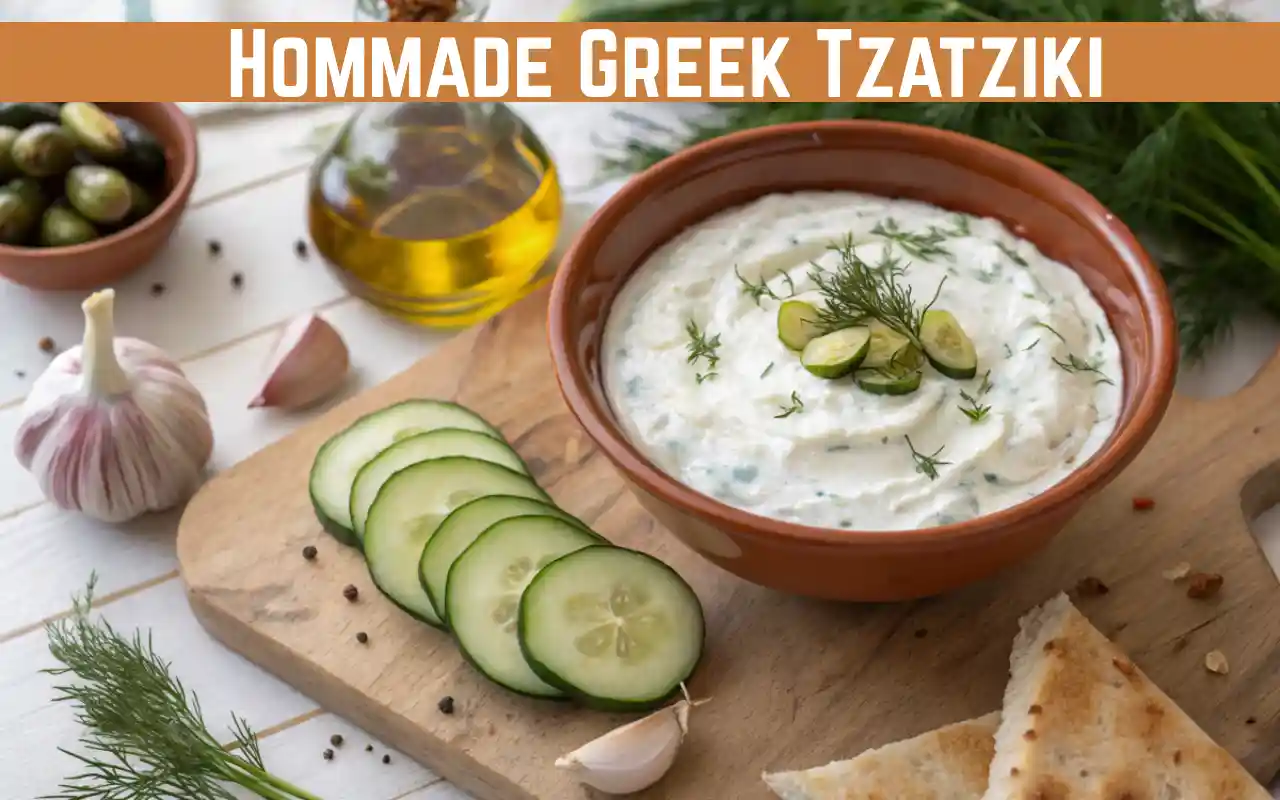Bowl of homemade authentic Greek Tzatziki yogurt dip garnished with fresh dill and olive oil, served with pita bread