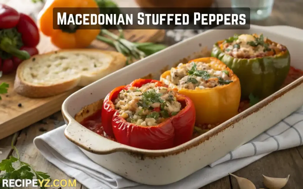 Dish of Macedonian-style Greek stuffed bell peppers filled with rice and herbs in tomato sauce