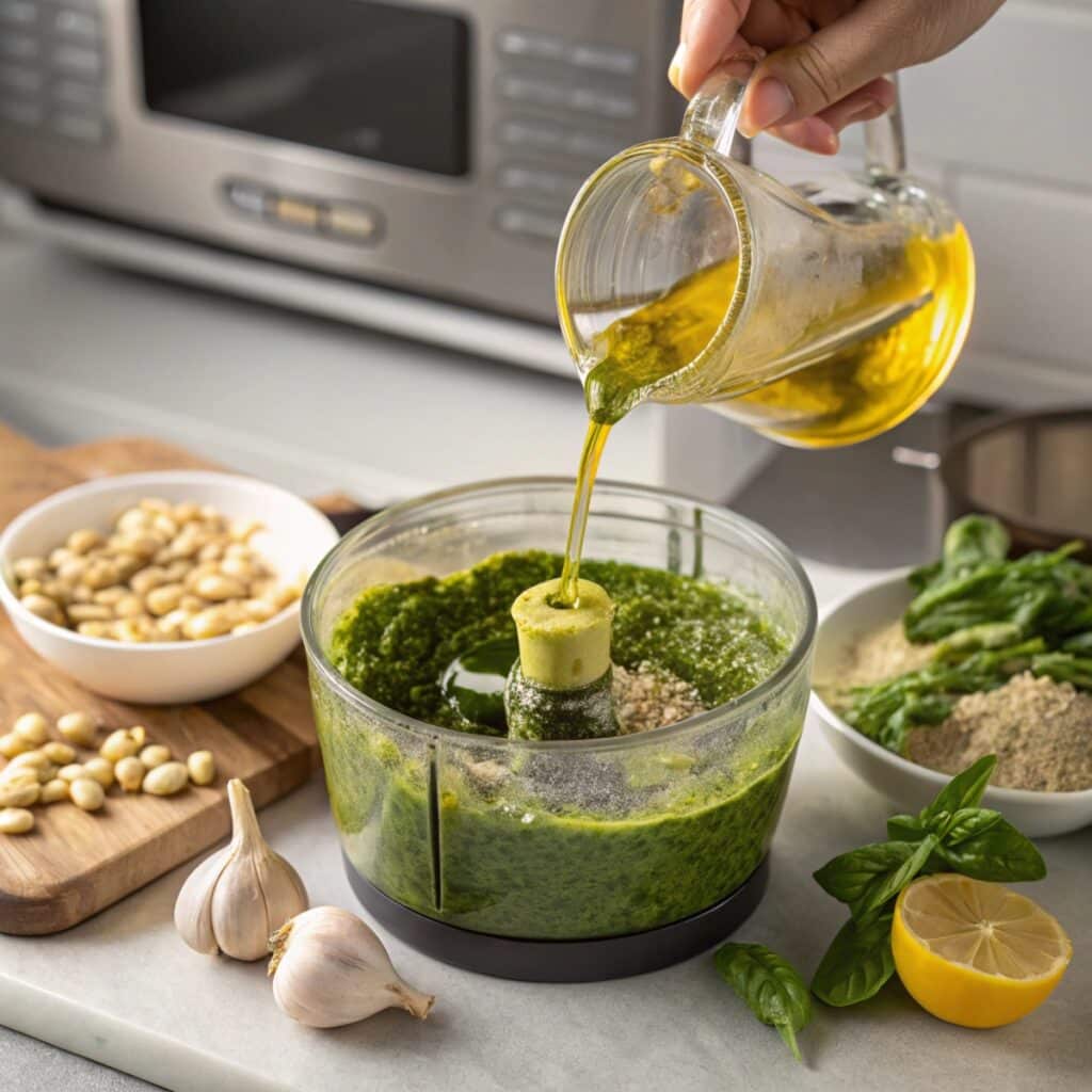 Hand blending pesto sauce recipe without pine nuts in a food processor with olive oil and fresh basil