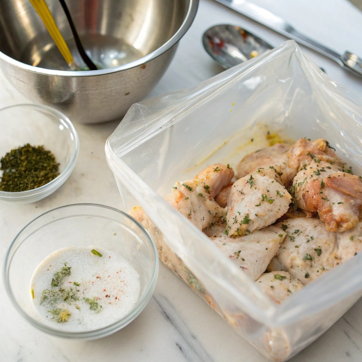 Chicken marinating in Greek yogurt marinade, coated with Mediterranean herbs and spices