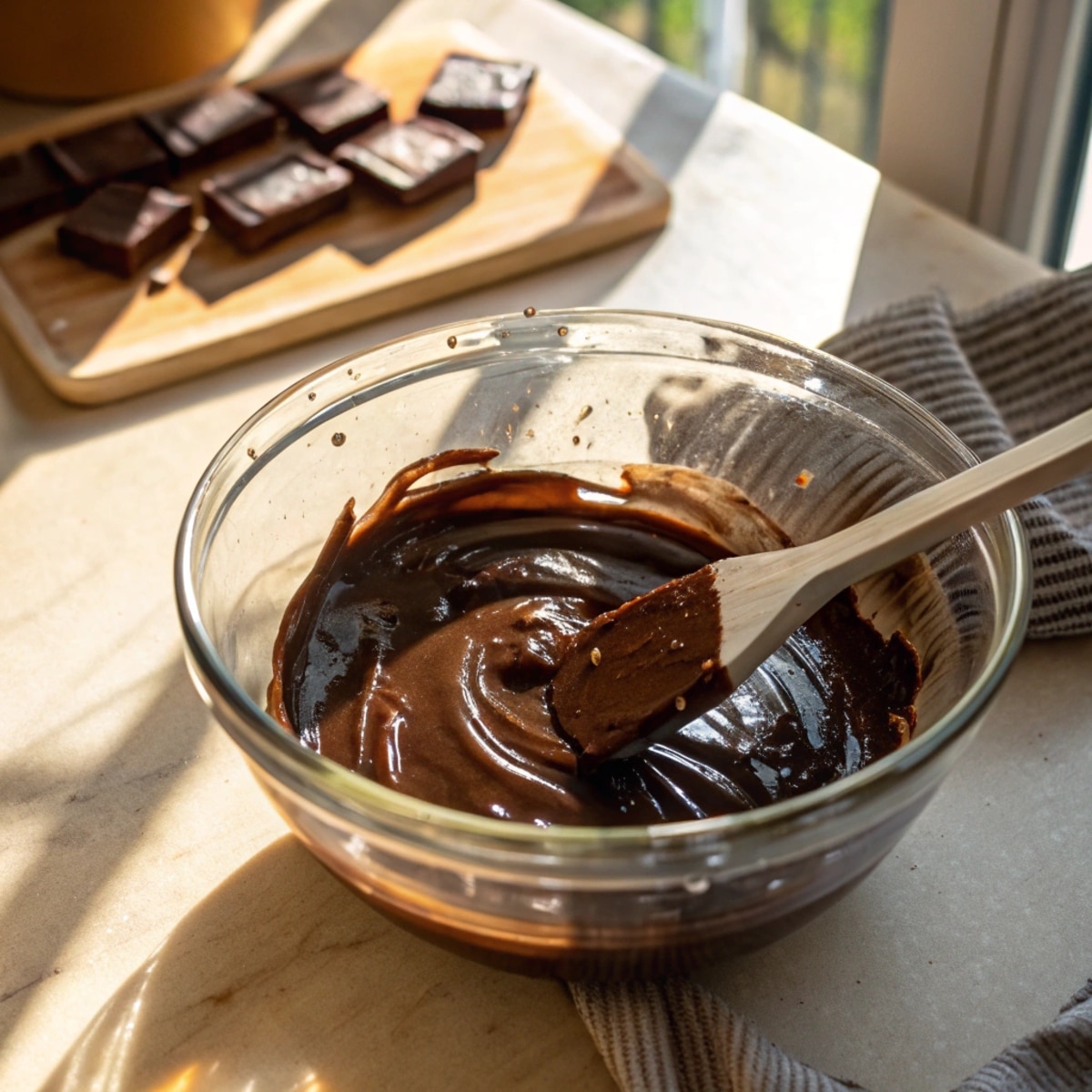 melting-chocolate-step Glass bowl with glossy melted dark chocolate and spatula on kitchen counter