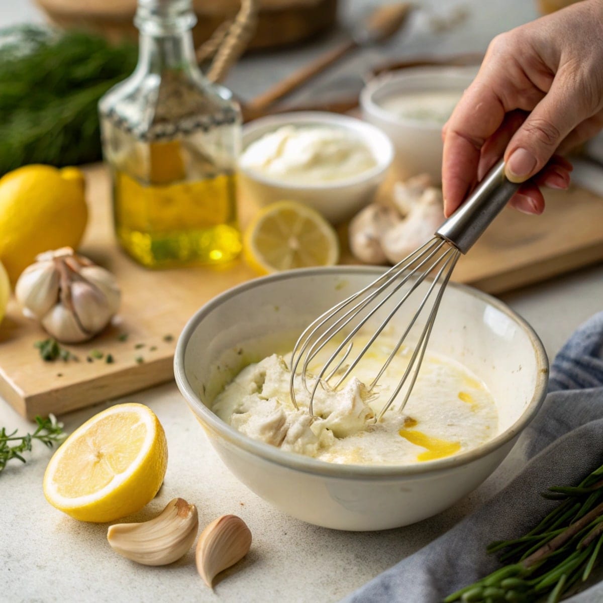 Whisking Greek yogurt, lemon juice, olive oil, and garlic for the Greek chicken marinade