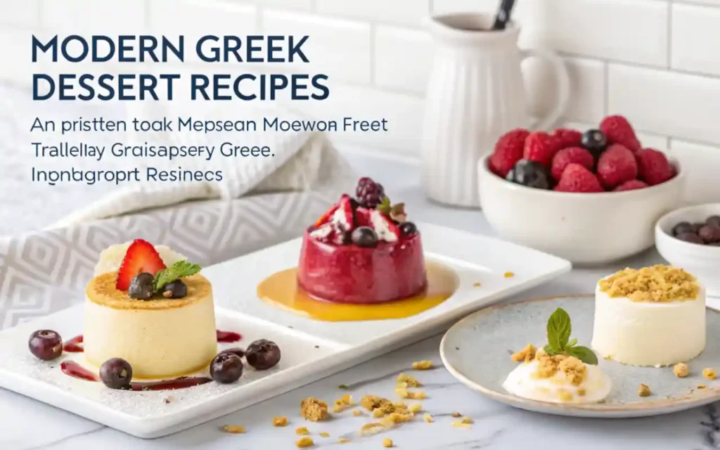Overhead view of modern Greek desserts including baklava cheesecake, ouzo sorbet, chocolate loukoumades, and vegan galaktoboureko on a ceramic platter