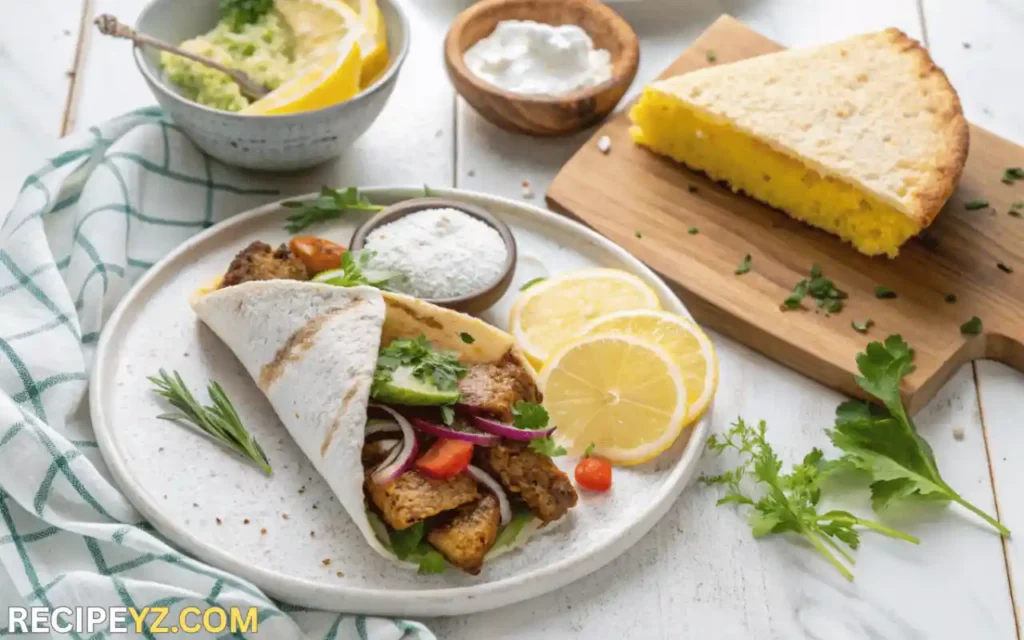 Plate with vegan Greek gyro wrap and slice of gluten-free Greek lemon cake with fresh herbs