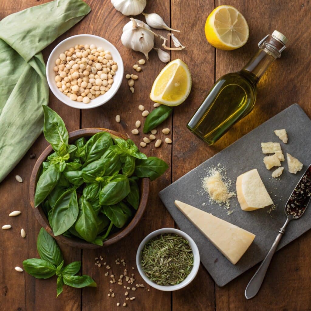 Ingredients for pesto sauce recipe without pine nuts: basil, sunflower seeds, garlic, Parmesan, and olive oil