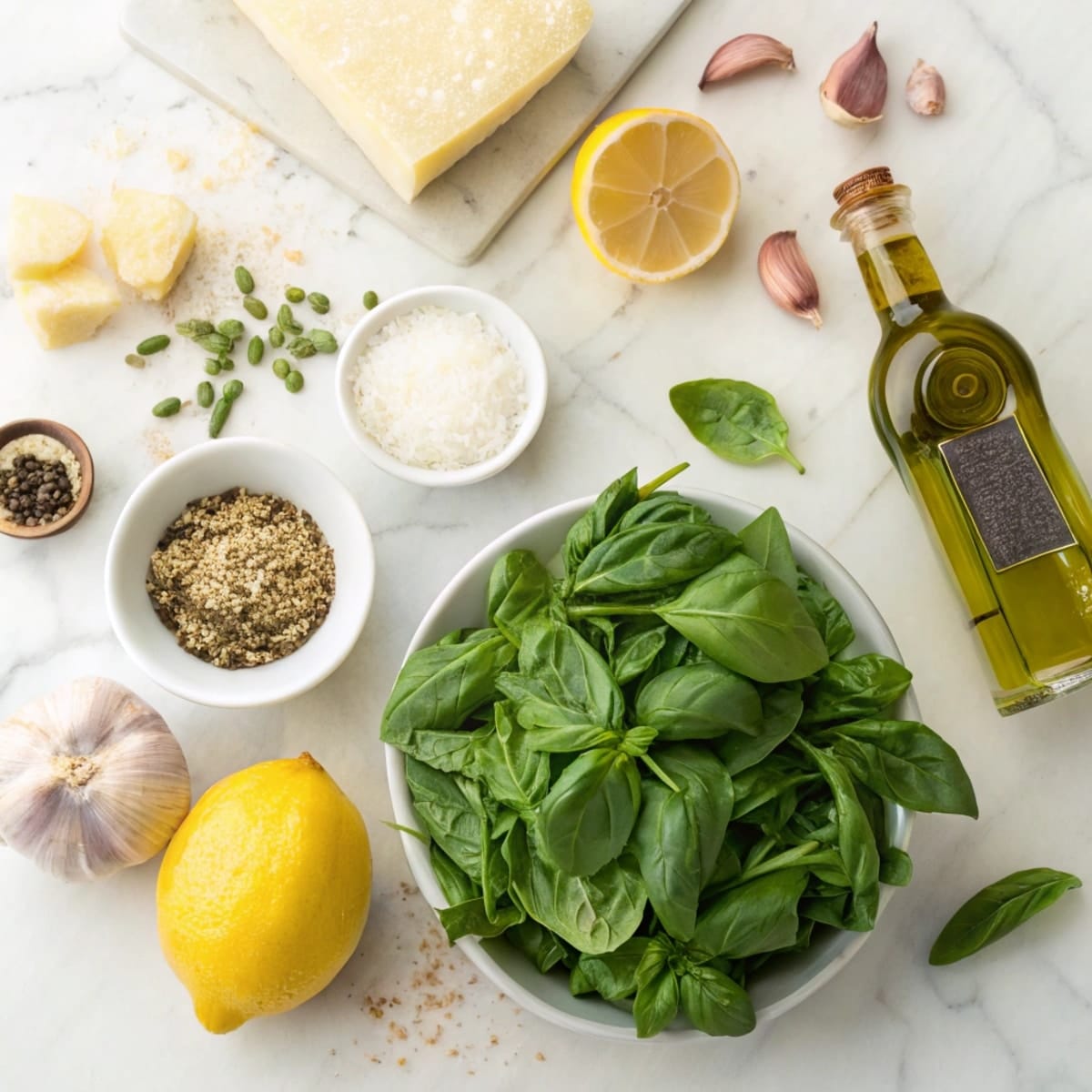 Fresh basil, garlic, Parmesan, olive oil, and lemon for making nut-free pesto