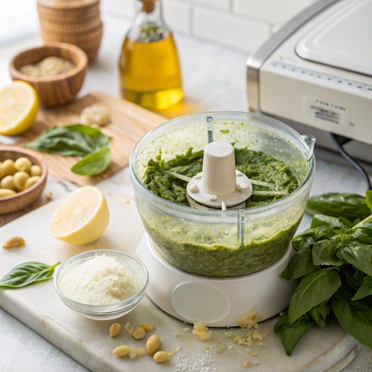 Blending nut-free pesto ingredients in a food processor, creating a smooth and creamy texture